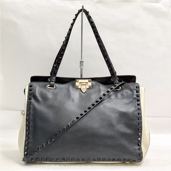 AUTH Valentino Garavani Rockstud Handbag Tote Shoulder Bag Black White - Picture 1 of 7